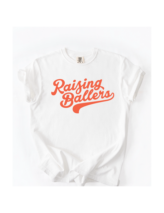 Raising Ballers - White w/ Peach Text (SS or Tank)